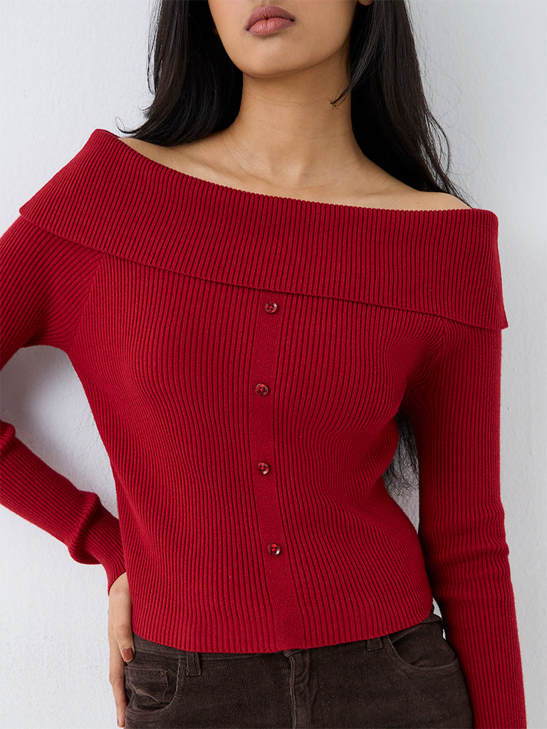LOV Red Ribbed-Textured Off-Shoulder Top