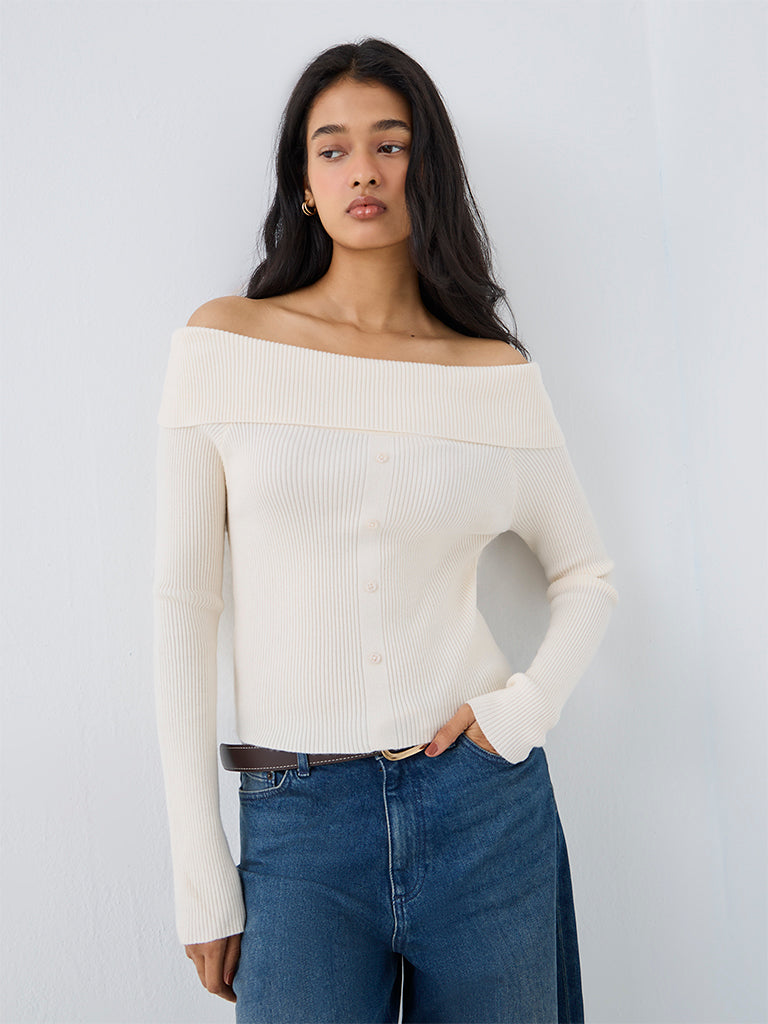 LOV Off-White Ribbed-Textured Off-Shoulder Top