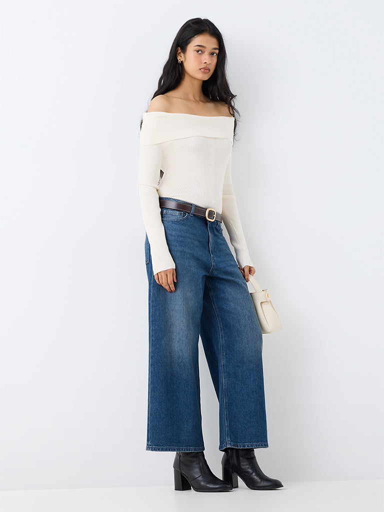 LOV Off-White Ribbed-Textured Off-Shoulder Top