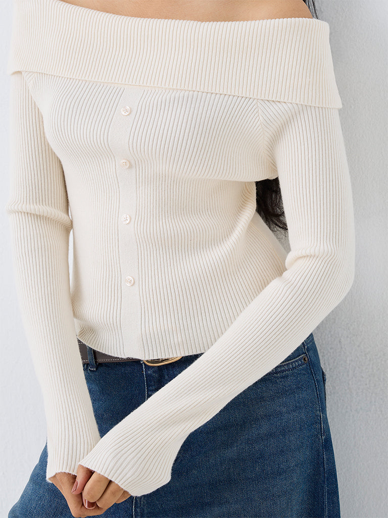 LOV Off-White Ribbed-Textured Off-Shoulder Top