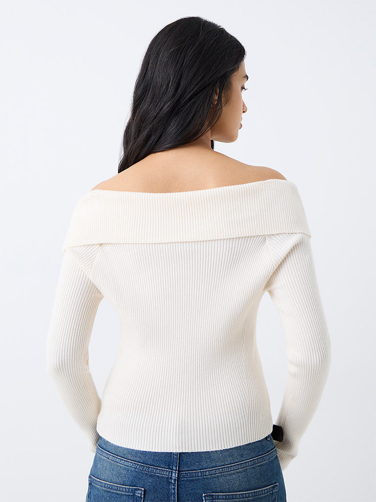 LOV Off-White Ribbed-Textured Off-Shoulder Top