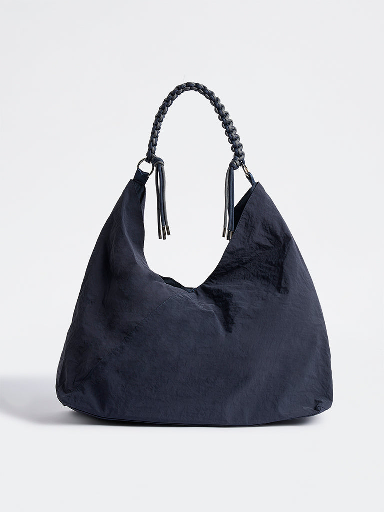 Westside Navy Braided-Strap Slouchy Shoulder Bag