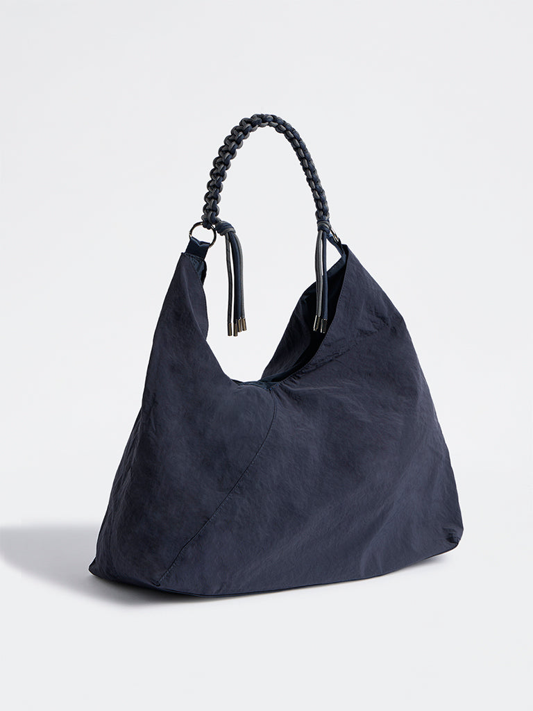 Westside Navy Braided-Strap Slouchy Shoulder Bag