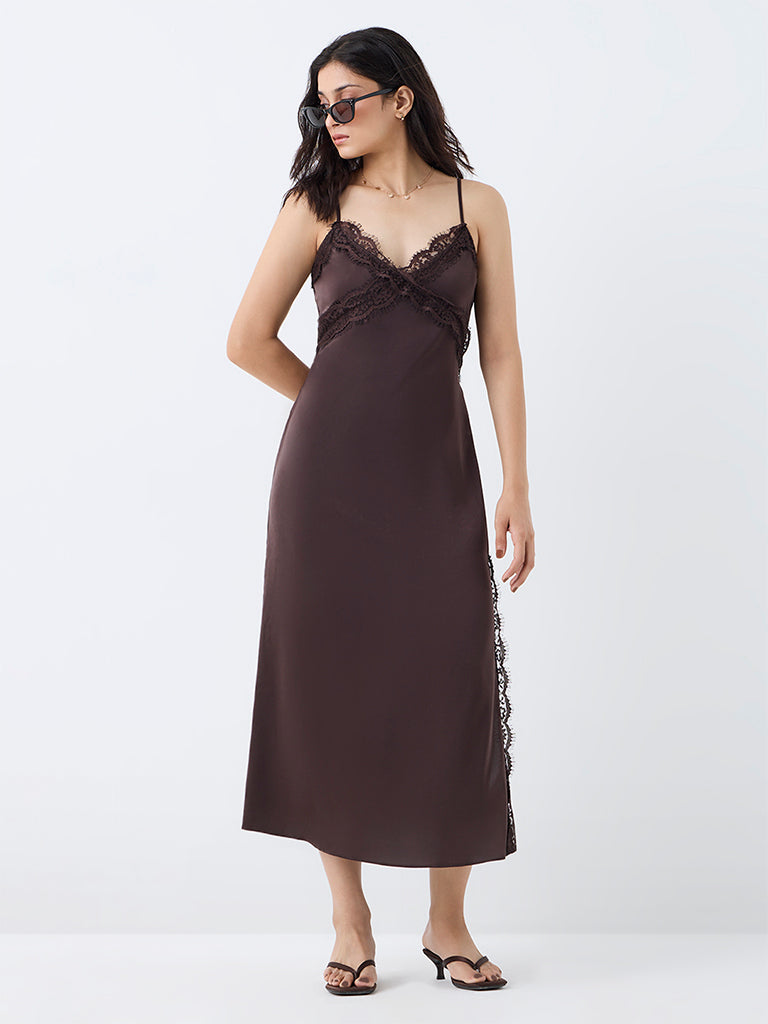 Nuon Dark Brown Lace-Detail A-Line Dress