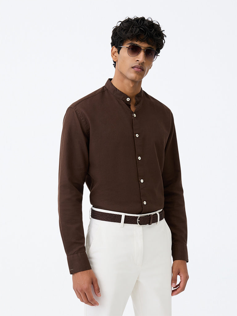 Ascot Brown Solid Relaxed-Fit Linen-Blend Shirt