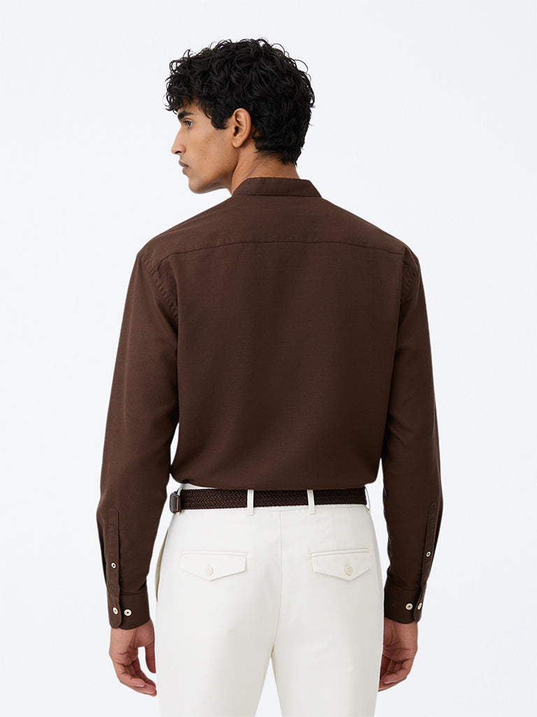 Ascot Brown Solid Relaxed-Fit Linen-Blend Shirt