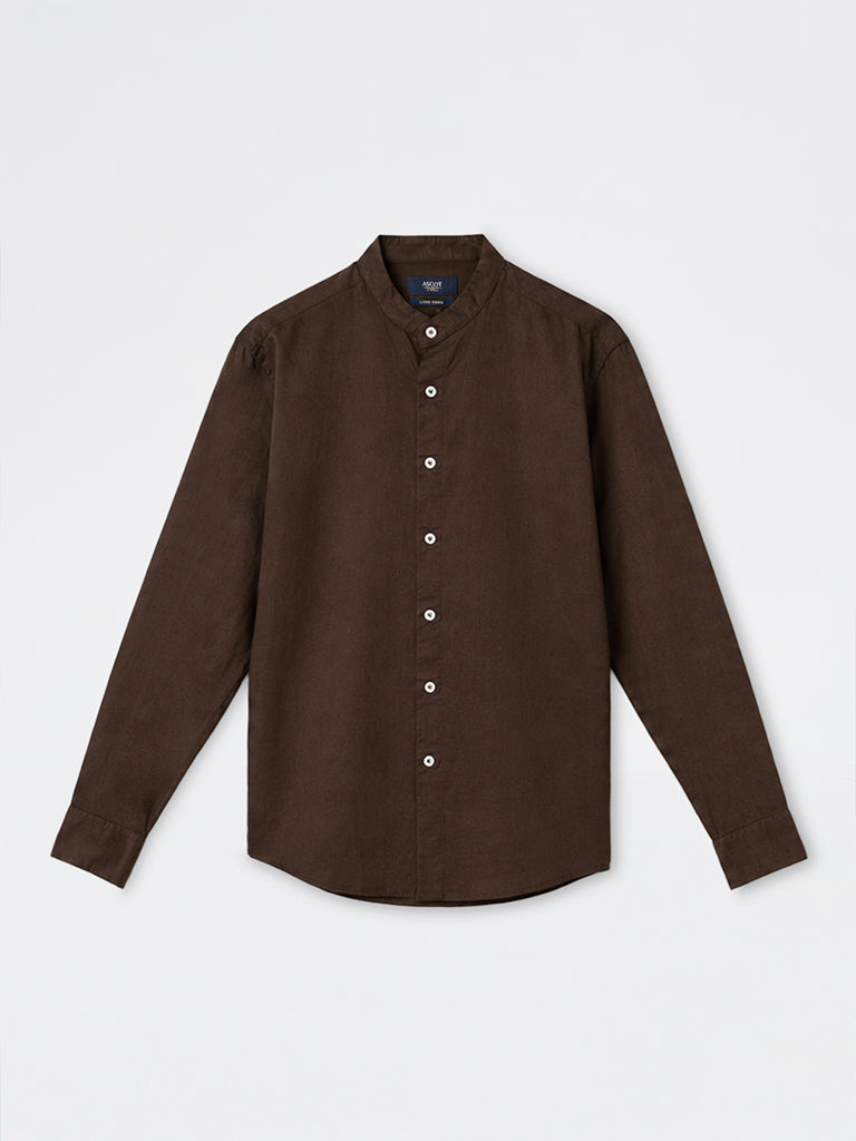 Ascot Brown Solid Relaxed-Fit Linen-Blend Shirt