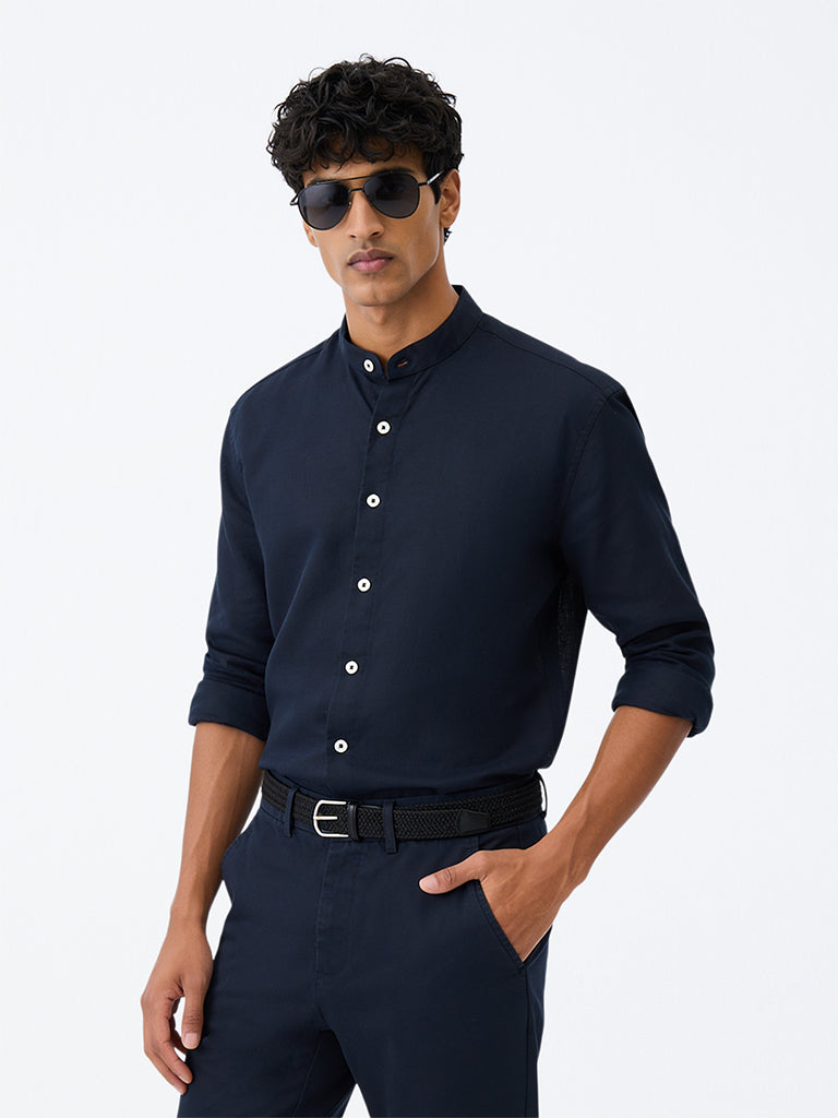 Ascot Navy Solid Relaxed-Fit Linen-Blend Shirt