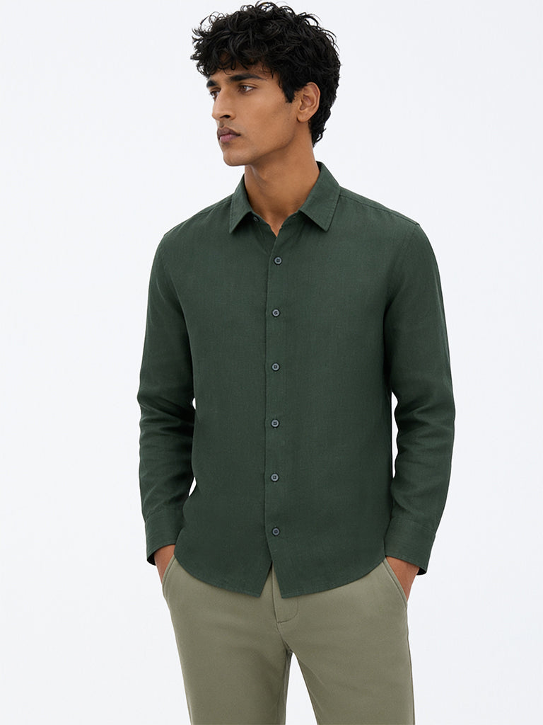 Ascot Green Solid Relaxed-Fit Linen Shirt