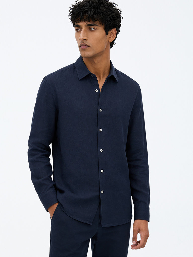Ascot Navy Solid Relaxed-Fit Linen Shirt