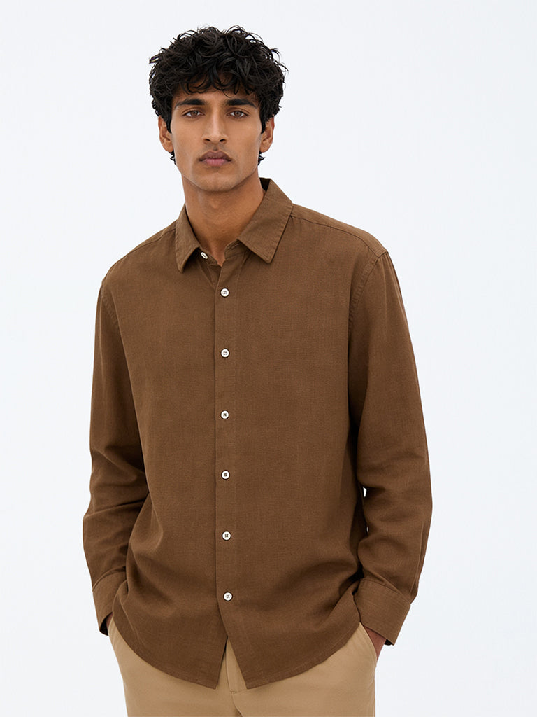 Ascot Brown Solid Relaxed-Fit Linen Shirt