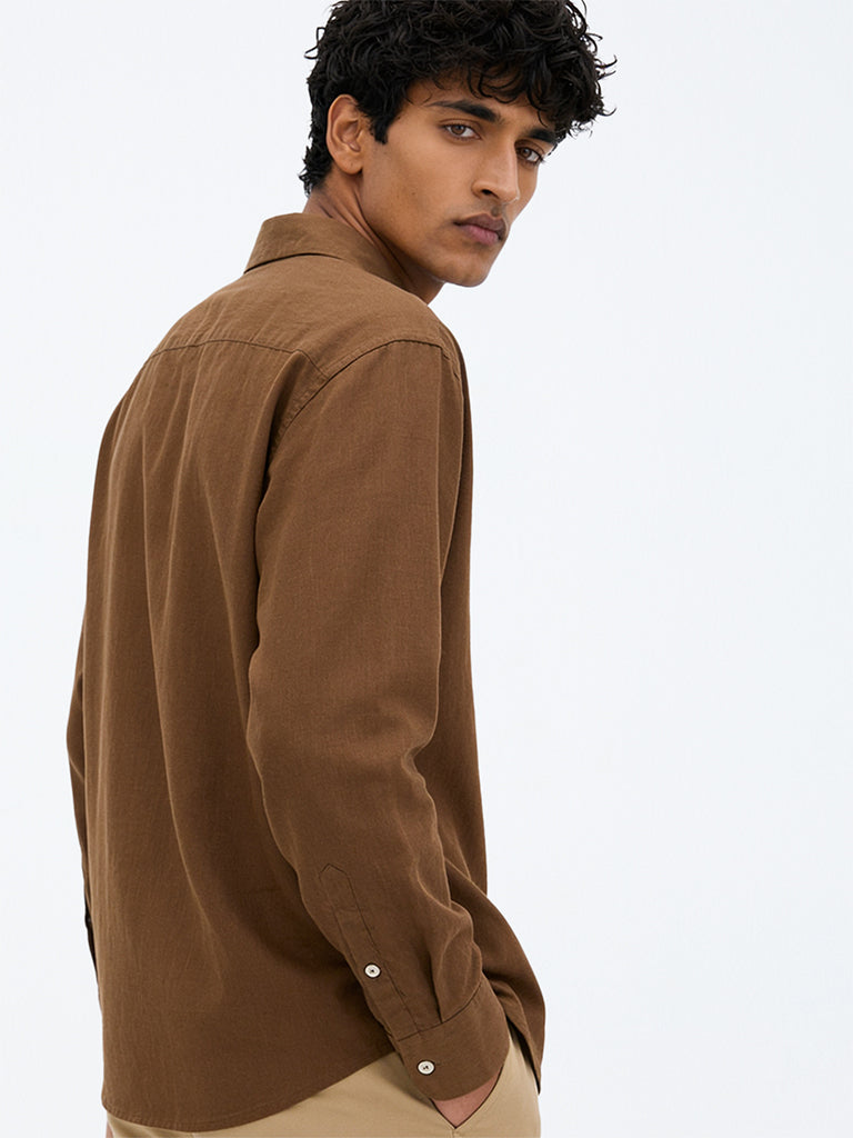 Ascot Brown Solid Relaxed-Fit Linen Shirt