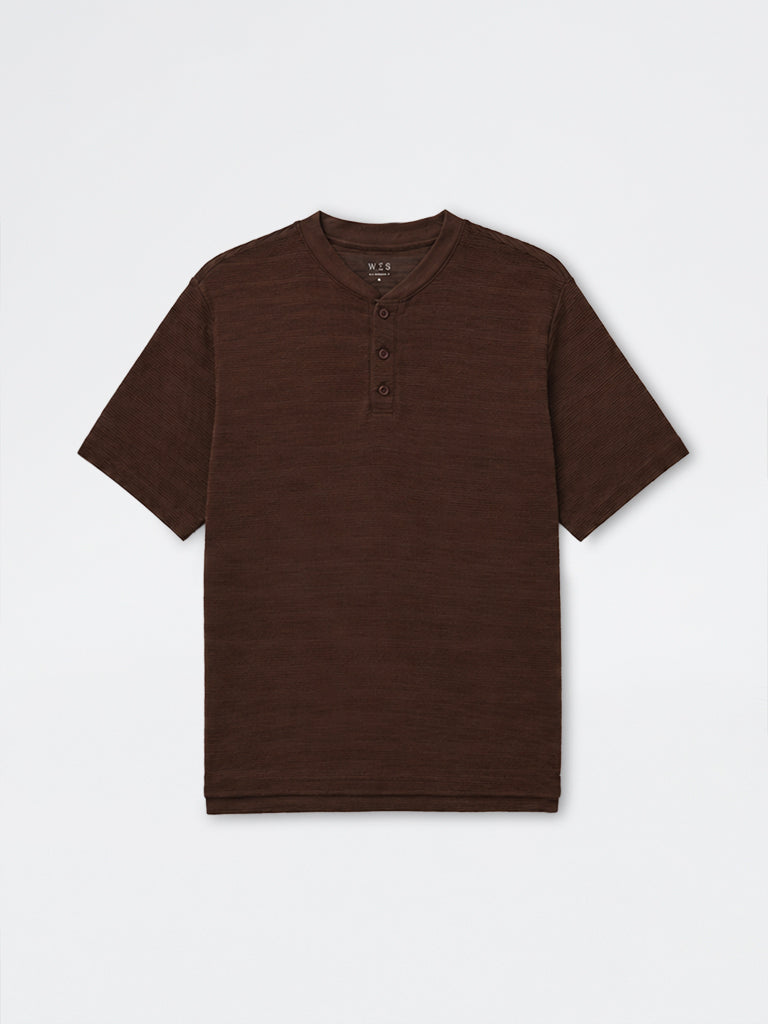 WES Lounge Dark Brown Self-Striped Relaxed-Fit T-Shirt