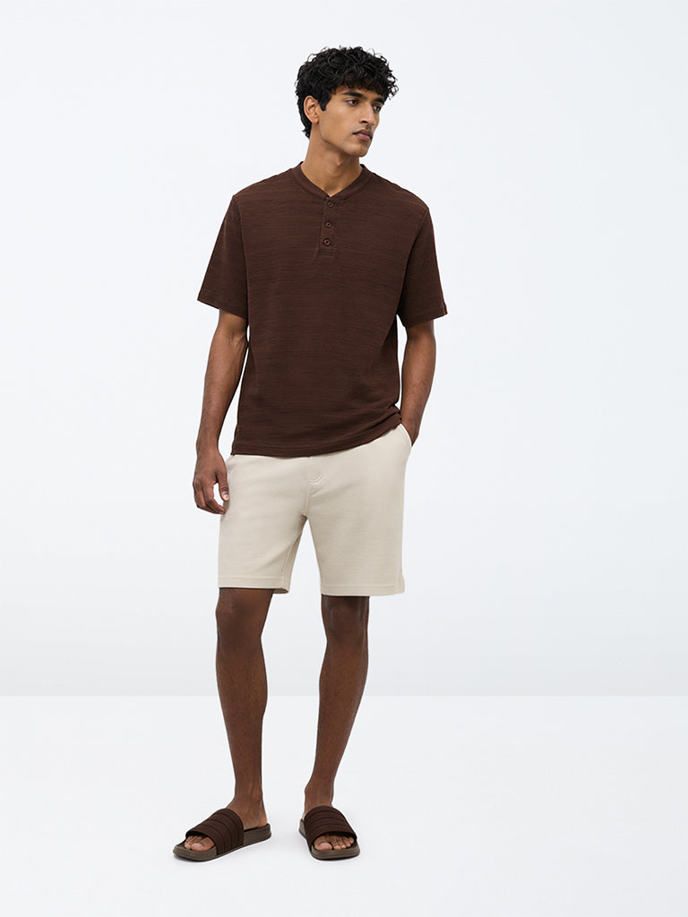 WES Lounge Dark Brown Self-Striped Relaxed-Fit T-Shirt