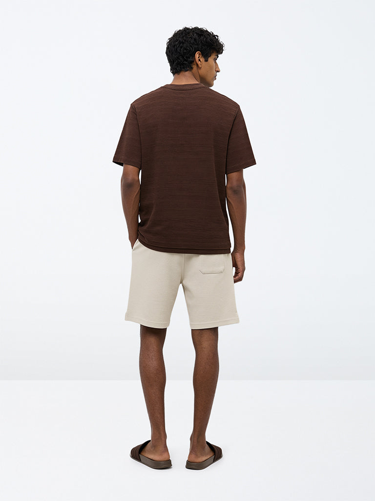 WES Lounge Dark Brown Self-Striped Relaxed-Fit T-Shirt