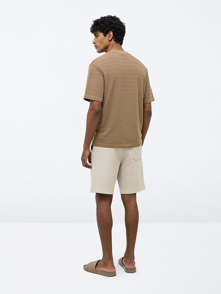 WES Lounge Dark Beige Self-Striped Relaxed-Fit T-Shirt