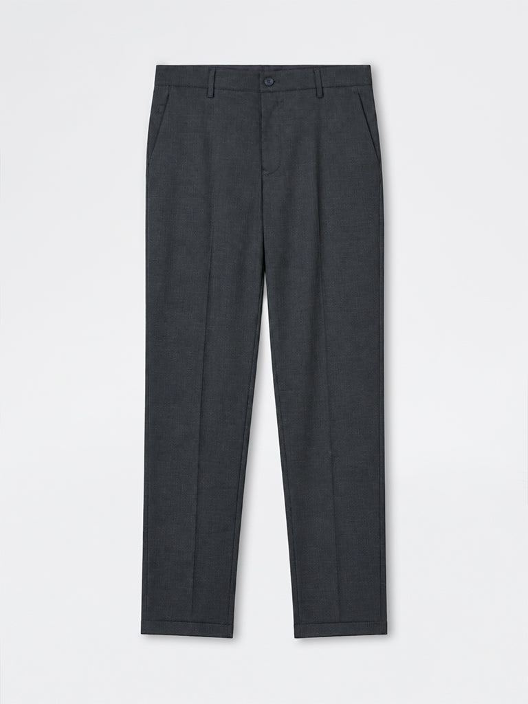 WES Formals Grey Self-Patterned Carrot-Fit Mid-Rise Trousers
