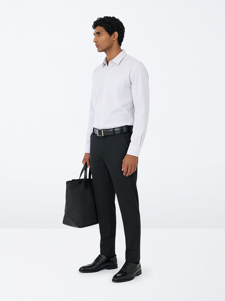 WES Formals Black Solid Slim-Fit Trousers