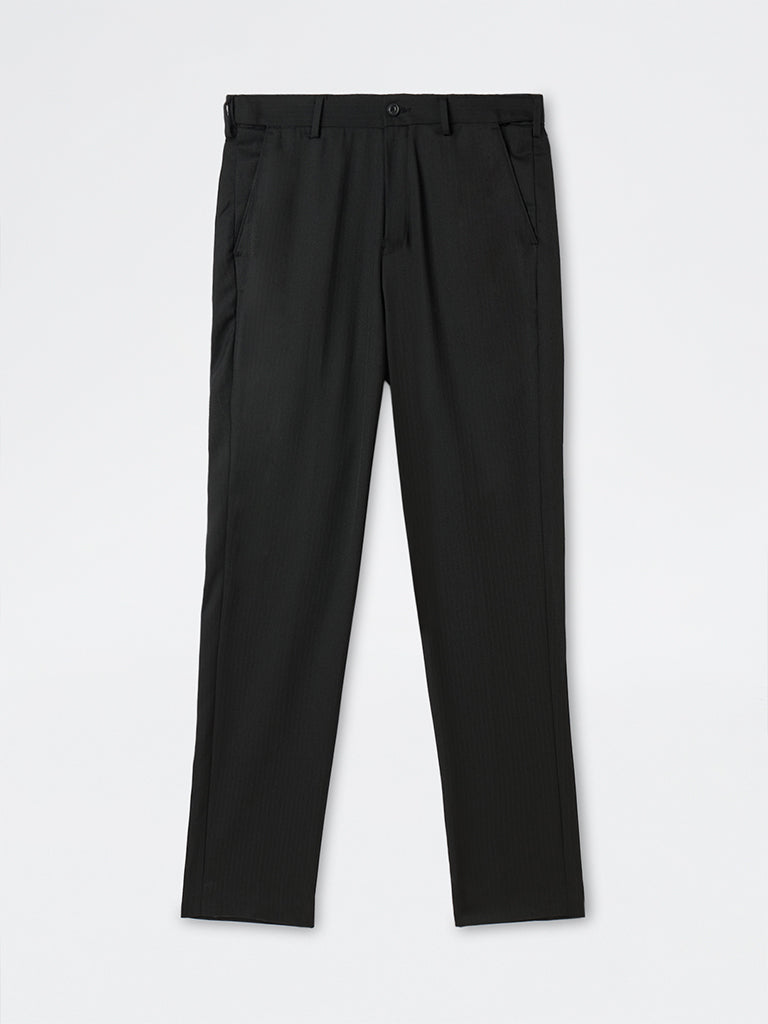 WES Formals Black Solid Slim-Fit Trousers