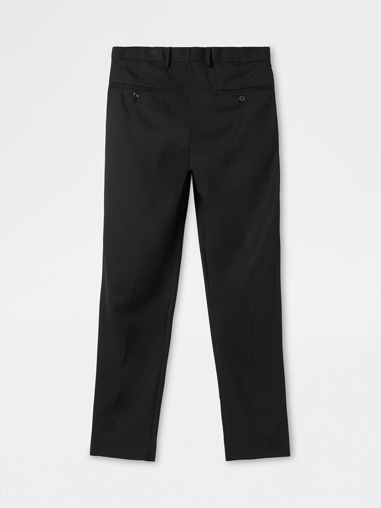 WES Formals Black Solid Slim-Fit Trousers