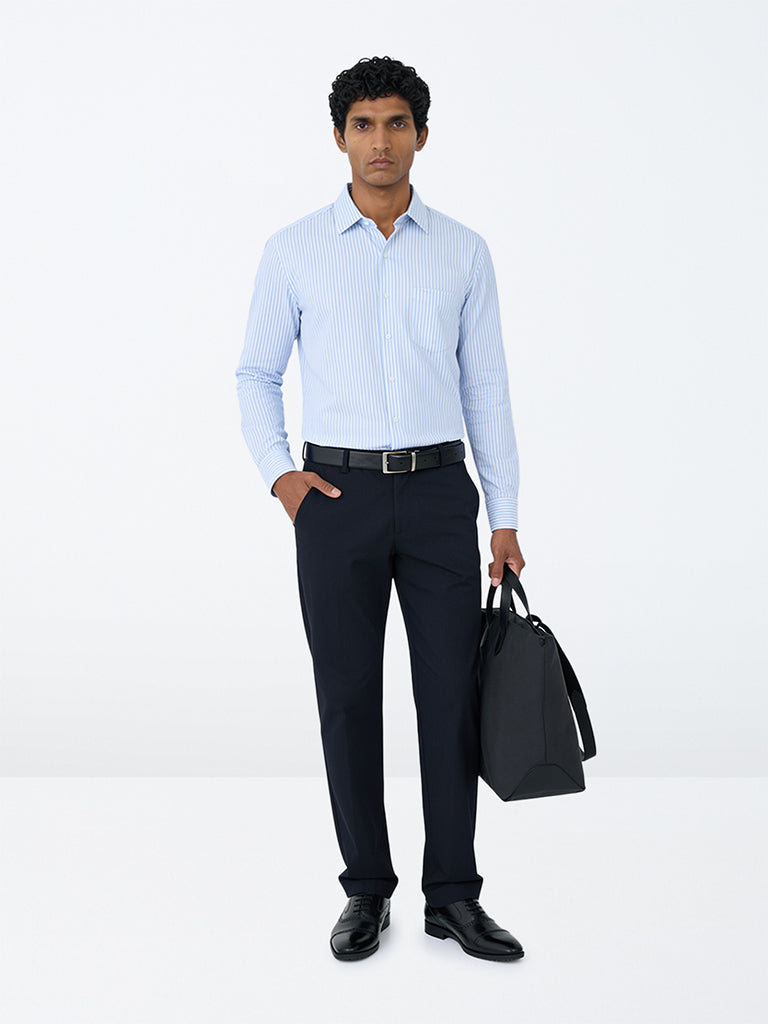 WES Formals Navy Striped Slim-Fit Trousers