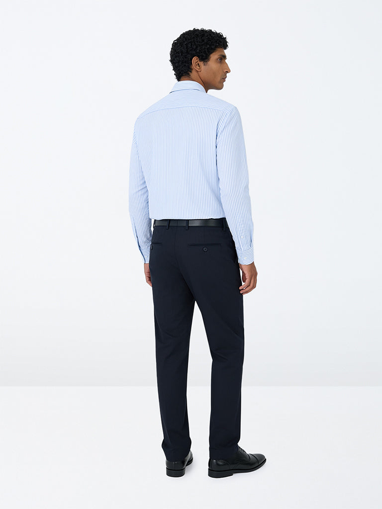 WES Formals Navy Striped Slim-Fit Trousers