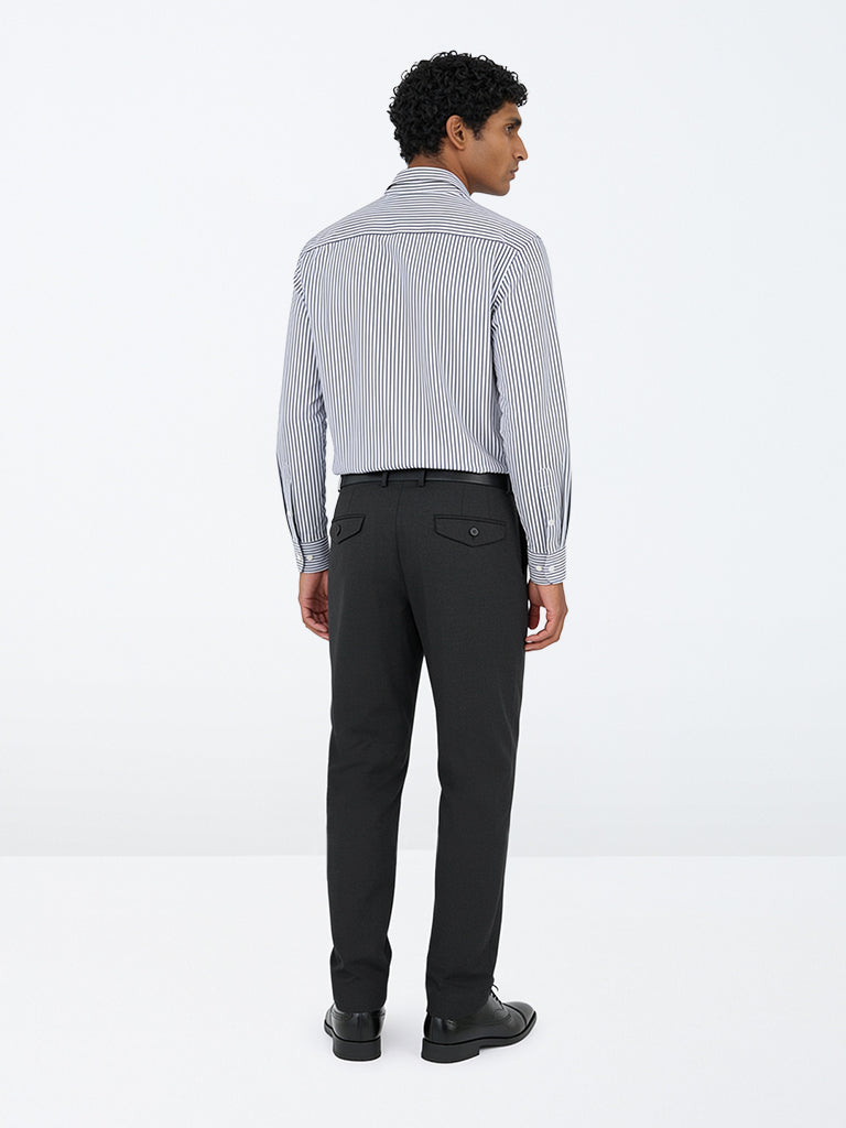 WES Formals Black Pleated Relaxed-Fit Mid-Rise Trousers