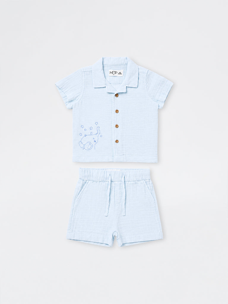 HOP Baby Boys Light Blue Animal Printed Cotton Shirt and Shorts Set
