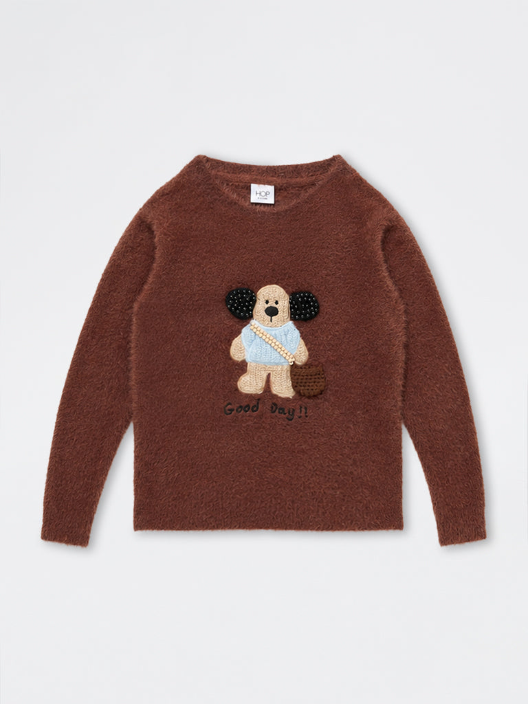 HOP Kids Girls Dark Brown Embroidered Fur-Textured Sweater