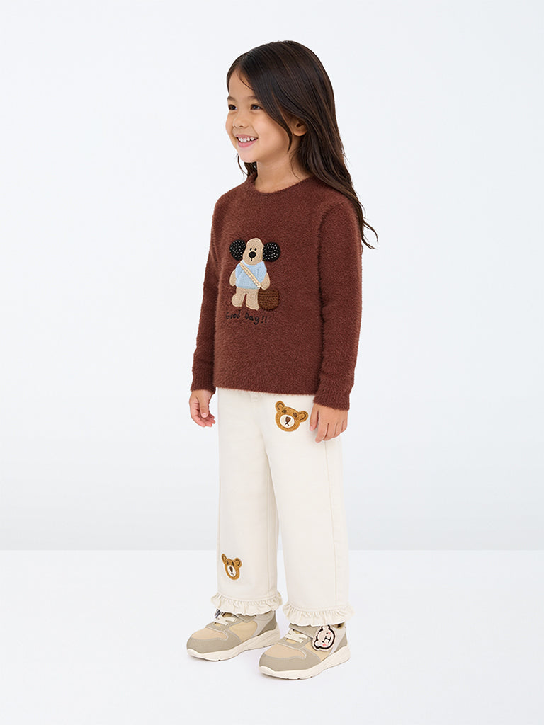 HOP Kids Girls Dark Brown Embroidered Fur-Textured Sweater