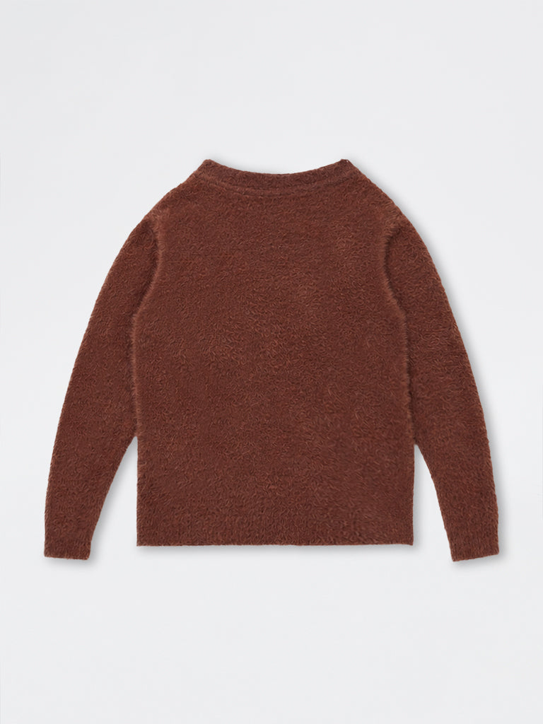 HOP Kids Girls Dark Brown Embroidered Fur-Textured Sweater