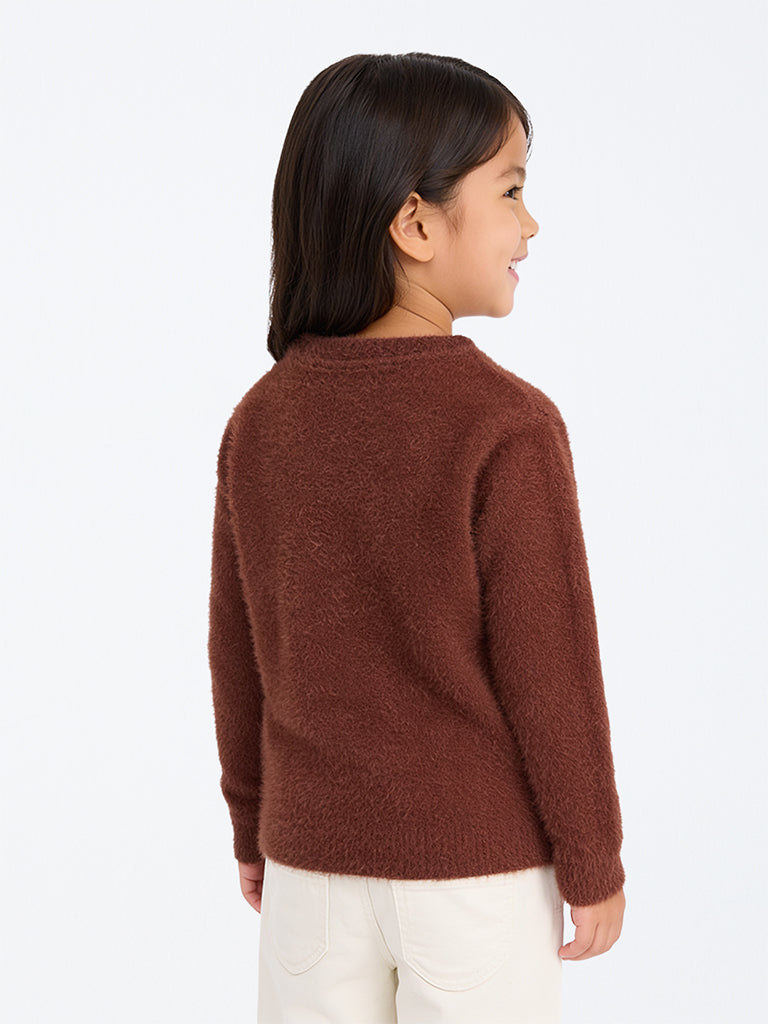 HOP Kids Girls Dark Brown Embroidered Fur-Textured Sweater