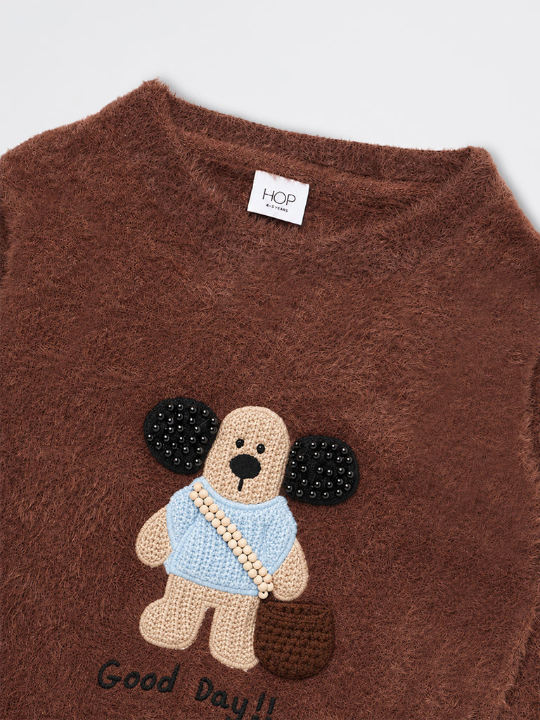 HOP Kids Girls Dark Brown Embroidered Fur-Textured Sweater