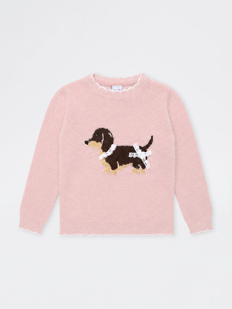HOP Kids Girls Pink Dog Embroidered Knit-Textured Sweater