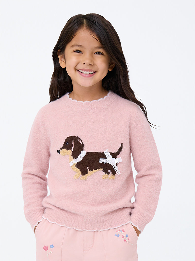 HOP Kids Girls Pink Dog Embroidered Knit-Textured Sweater