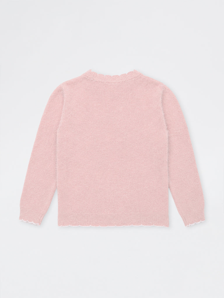 HOP Kids Girls Pink Dog Embroidered Knit-Textured Sweater