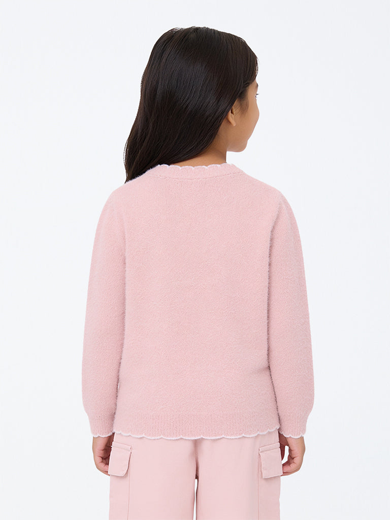 HOP Kids Girls Pink Dog Embroidered Knit-Textured Sweater
