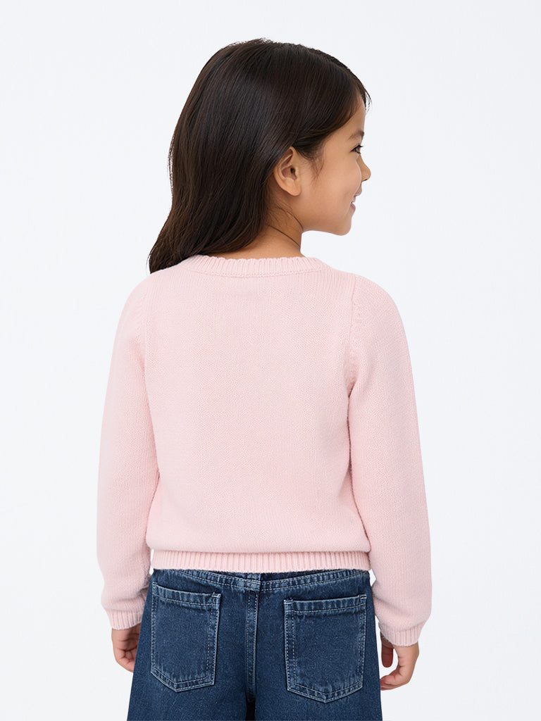 HOP Kids Girls Light Pink Teddy Embroidered Knit-Textured Sweater