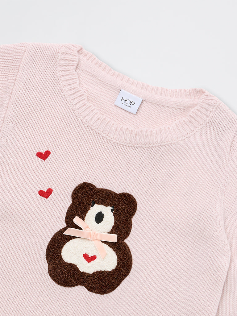 HOP Kids Girls Light Pink Teddy Embroidered Knit-Textured Sweater
