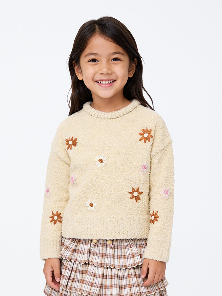HOP Kids Girls Light Beige Floral Embroidered Fuzzy-Textured Sweater
