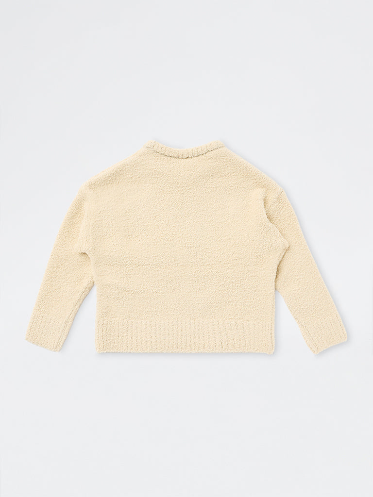 HOP Kids Girls Light Beige Floral Embroidered Fuzzy-Textured Sweater