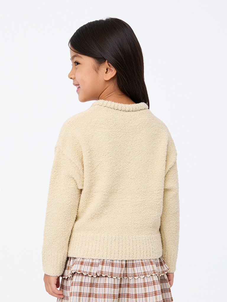 HOP Kids Girls Light Beige Floral Embroidered Fuzzy-Textured Sweater