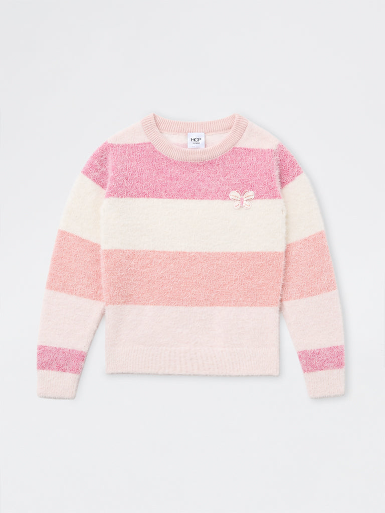 HOP Kids Girls Pink Striped Fuzzy-Textured Sweater