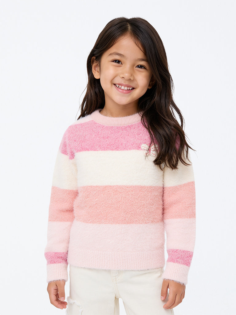HOP Kids Girls Pink Striped Fuzzy-Textured Sweater