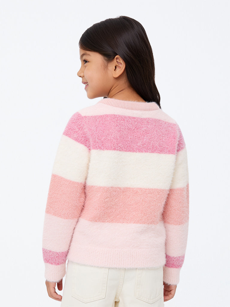 HOP Kids Girls Pink Striped Fuzzy-Textured Sweater