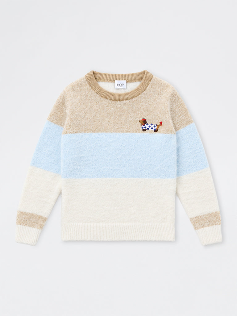 HOP Kids Girls Multicolour Striped Fuzzy-Textured Sweater