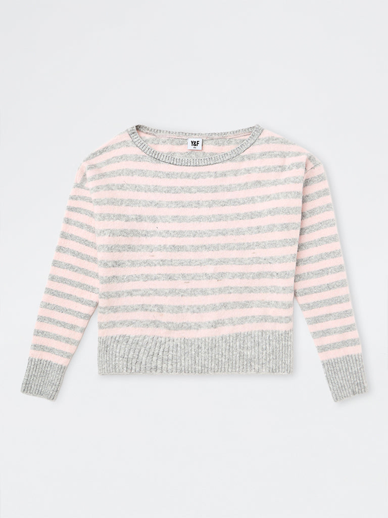 Girls Light Pink Striped Knitted Sweater