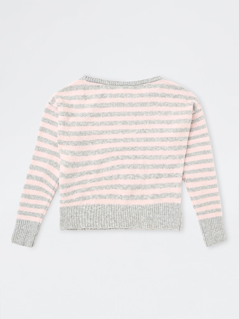 Girls Light Pink Striped Knitted Sweater