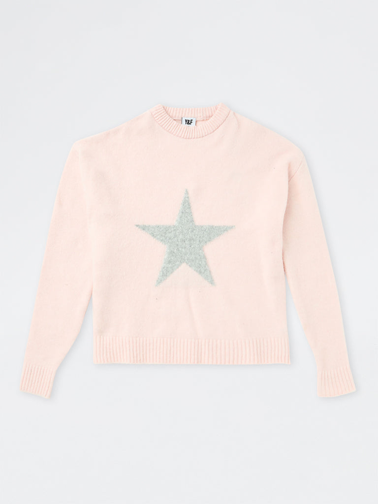 Girls Light Pink Star Printed Sweater