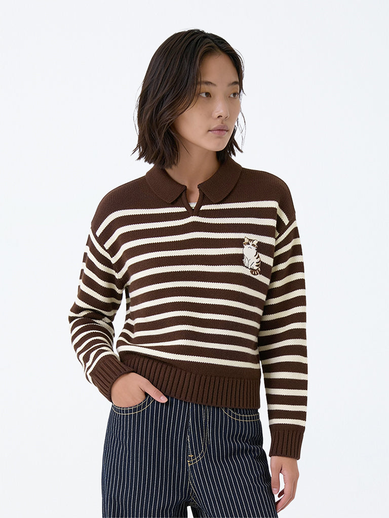 Girls Dark Brown Striped Sweater